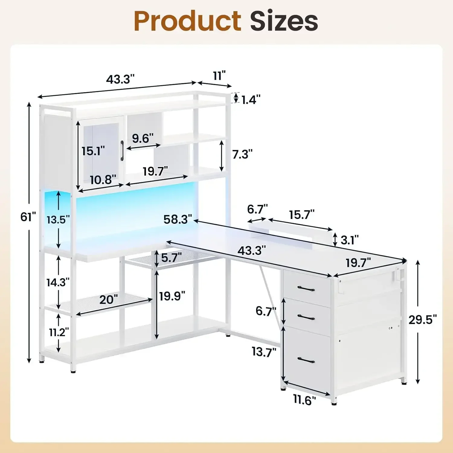 SEDETA-Bureau d'Ordinateur en Forme de L, Bureau d'Angle en Forme de L avec Étagères de Rangement et LED, 58 en Effet, 3 Tiroirs de Proximité et Étagère