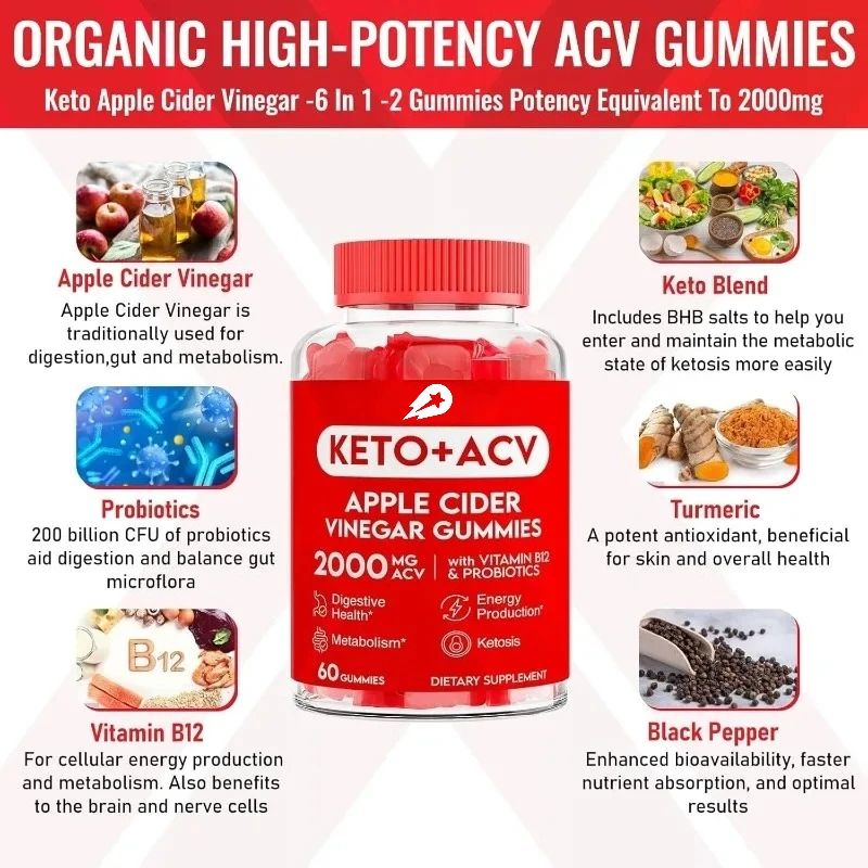 

Apple Cider Vinegar Gummies Containing Probiotics ACV Vitamin B12 2000mg - for Digestion, Metabolism, and Cleansing Support