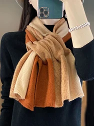 100% Merino Wool Knitted Cross Scarf Thickened Patchwork Color Warm Soft Neckerchief Windproof Korea Fashion Scarves Wraps