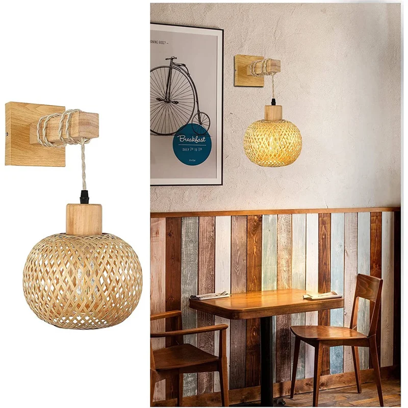 ABZV-Retro Wandleuchte, gewebtes Rattan, Holz, Wandleuchte, Wohnzimmer, Nachttischlampe, Vintage-Schlafzimmer, Dekoration, Beleuchtung-A