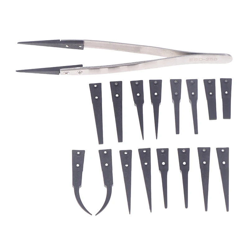 ESD 259 Portable Handle Stainless Tweezers With 8Pcs Exchengeable Antistatic Plastic Tips For Heat Resistant Repair Tool