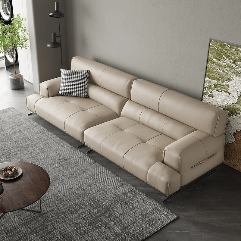 DSA minimalist leather sofa light luxury living room three-person straight row down sofa suspended first layer cowhide sofa