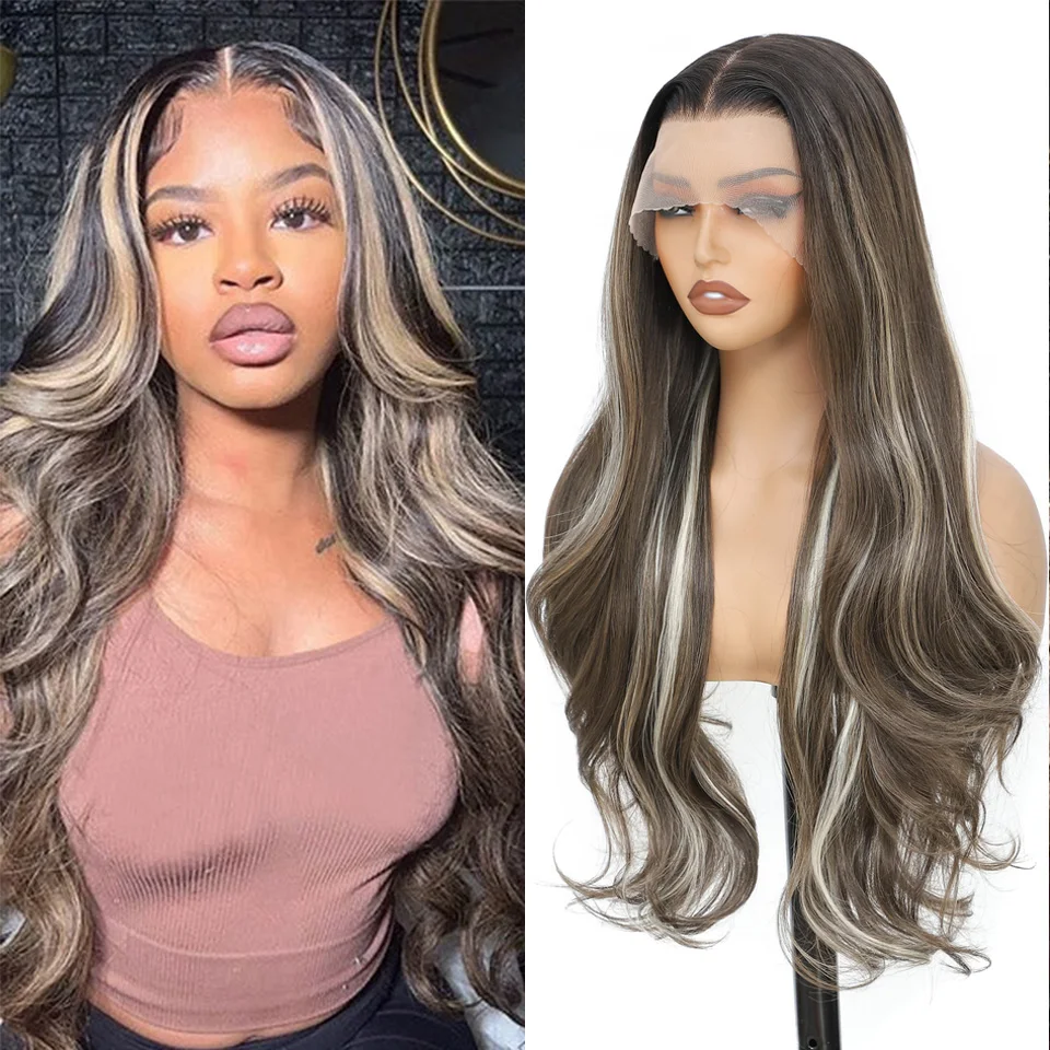 

30 Inch Long Transparent 13x4 Ombre Color Lace Front Wig For Women 180% Density Body Wave Highlight Color Synthetic Hair Wigs
