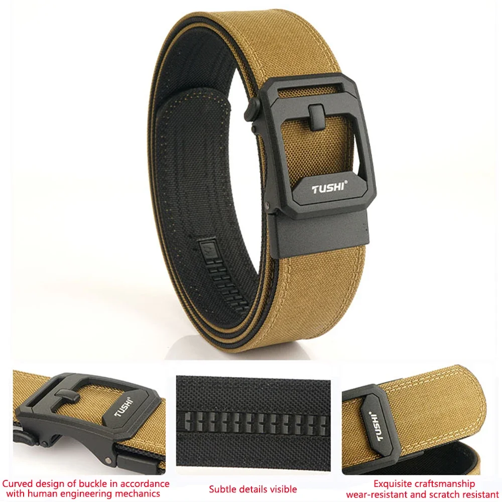 TUSHI Brand 4.3CM Wide Double-layer Reinforced Automatic Buckle Shooting Training Quick Hanging Pistol Mens Belt Nylon Outdoor