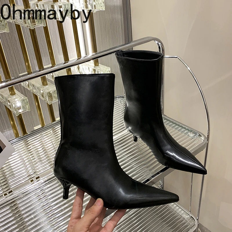Korean Version Pointed Toe Women Short Boots Fashion Slip On Shoes Autumn Elegant Low Heel Ladies Mid Calf Booties