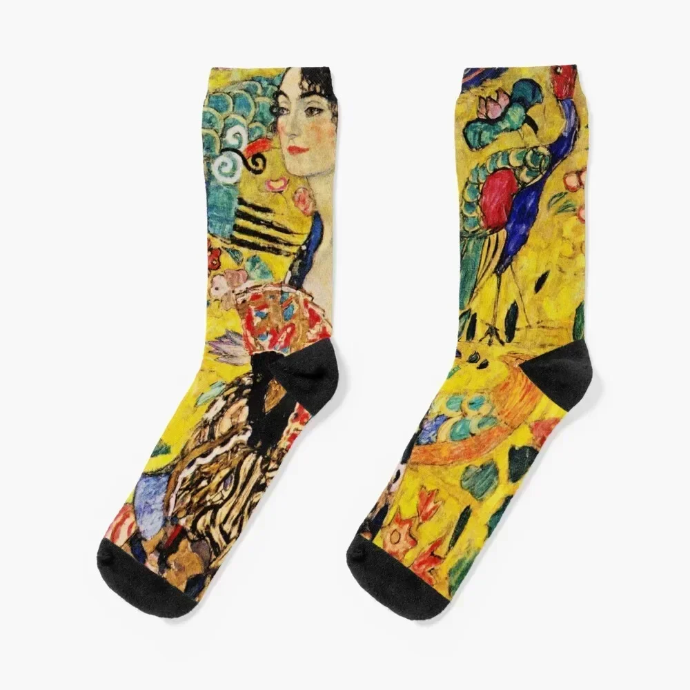 Lady with Fan | Gustav Klimt Art Nouveau-Modern Japonism Inspired Socks cool funny sock anime Socks Male Women's