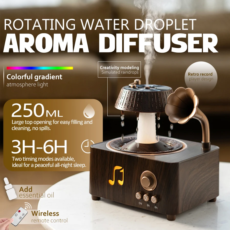 

Rotating Raindrop Aroma Humidifier, 7 Color Light, 250ml, 3-6H Timer, Essential Oil Diffuser, Vintage Gramophone Decor