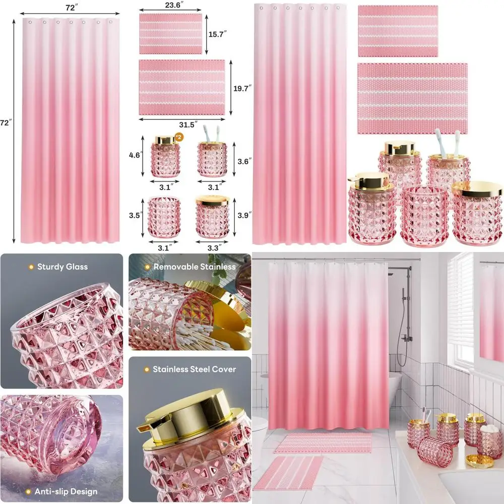

Pink Shower Curtain Set with Rugs, Accessories & Diamond Soap Dispenser for Elegant Bathroom Decor