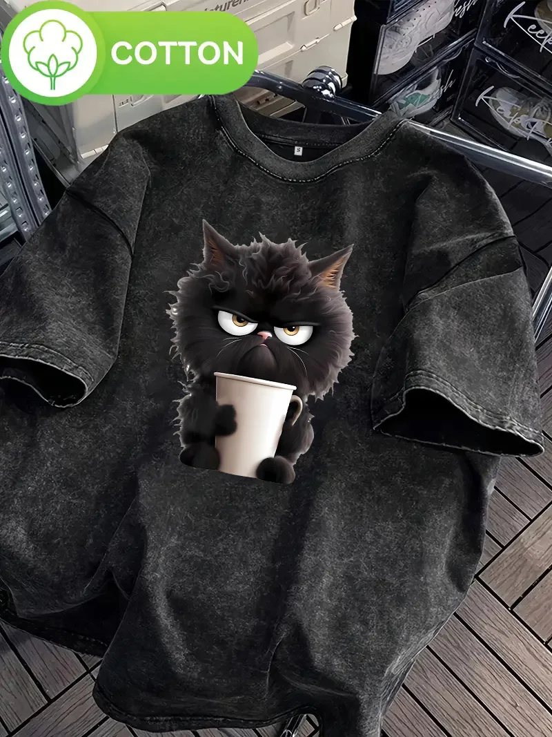 

T Shirt Vintage Coffee Cat Washed 100% Cotton T-Shirt Graphic Tee Casual Streetwear Spring Summer
