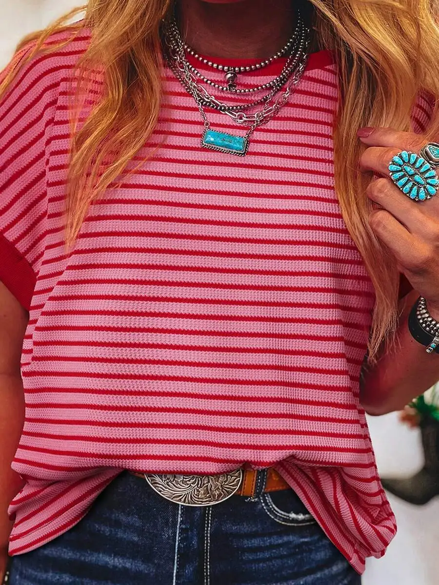 

Women's Red and Pink Striped Knit Loose Fit Short Sleeve Round Neck Tee for Summer Casual Wear