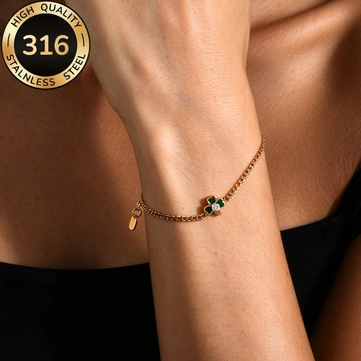 LUXUKISSKIDS Stainless Steel Gold Plated Lucky Plant Leaf Green Charm Bracelets Simply Link Chain Wrist Jewelry Blessing Gifts
