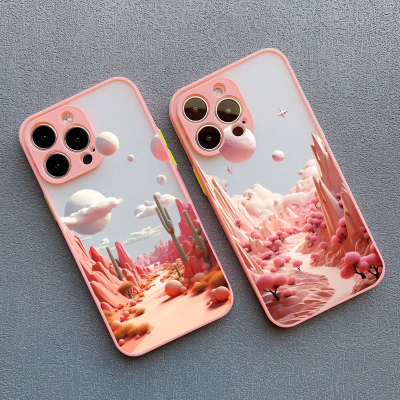 Landscape River Mountains Art Pink Phone Case For IPhone 11 12 13 14 15 16 Pro Max Mini XR X XS 7 8 Plus Shockproof Back Covers