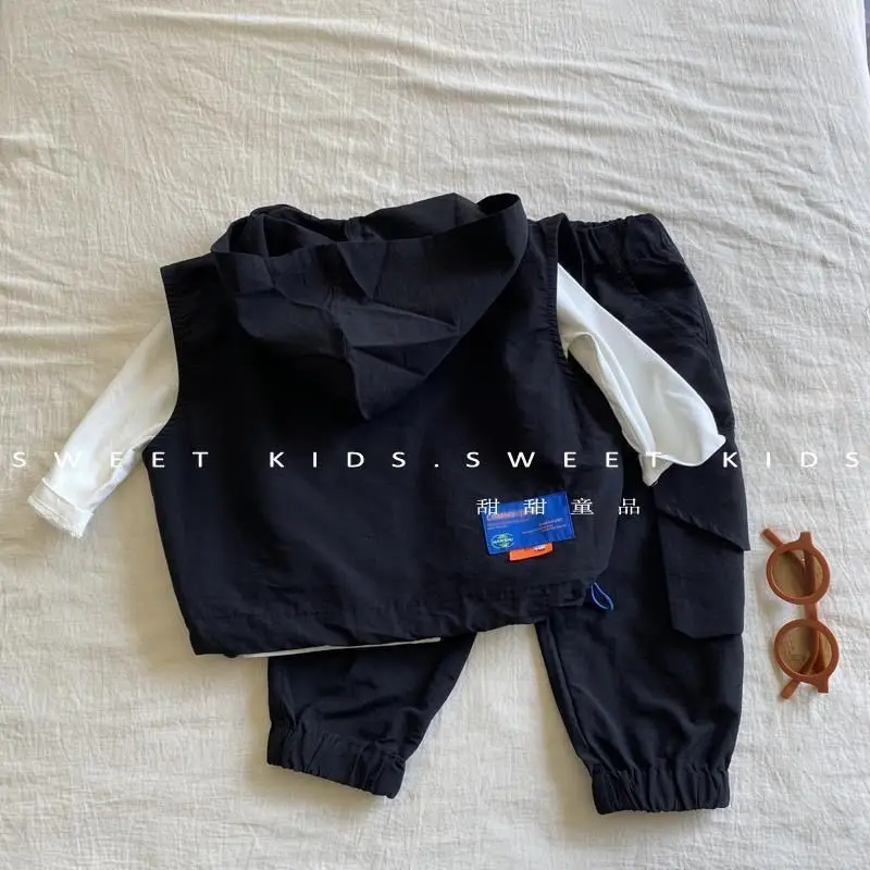 Spring Autumn Winter Fashion Boys Casual Kids Hooded Vest+TShirt+Loose Pants Children 3Pcs Sportwear Handsome Suits Sets Clothes