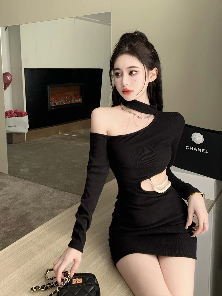 REDDACHiC Cut-out Ribbed Knit Bodycon Dress Women Solid Black Off-shoulder Pearl Chain Halter Mini Dress Sexy Night Clubwear