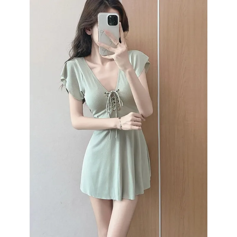 

Light Green Lace-Up One-Piece Swim Dress Women Flounce Sleeve Slimming Conservative Swimwear