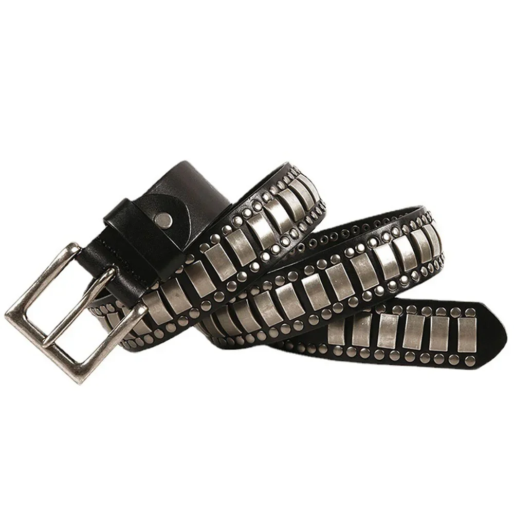 ファッショナブルなパンクスタイルの本革ベルト、リベット装飾付き、トップグレイン牛革、幅38cm