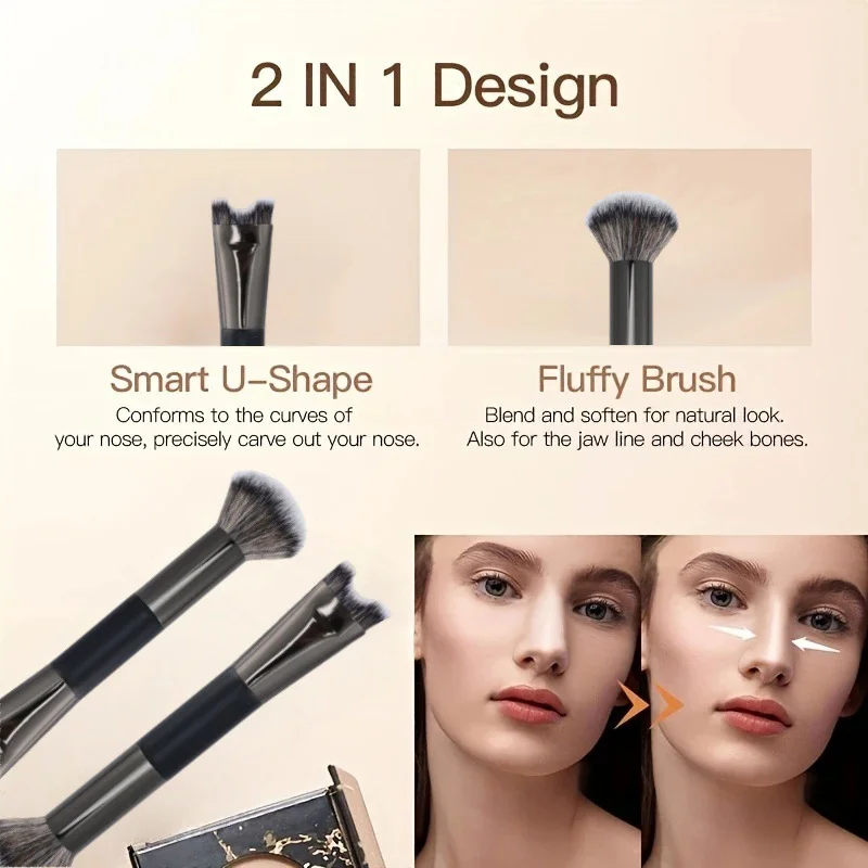แปรงแต่งหน้ารูปตัว U คอนทัวร์จมูก แปรงแต่งหน้าอายแชโดว์แบบ Dual-End อายแชโดว์ Contour Face Highlighting Brush เครื่องสําอาง เครื่องมือ