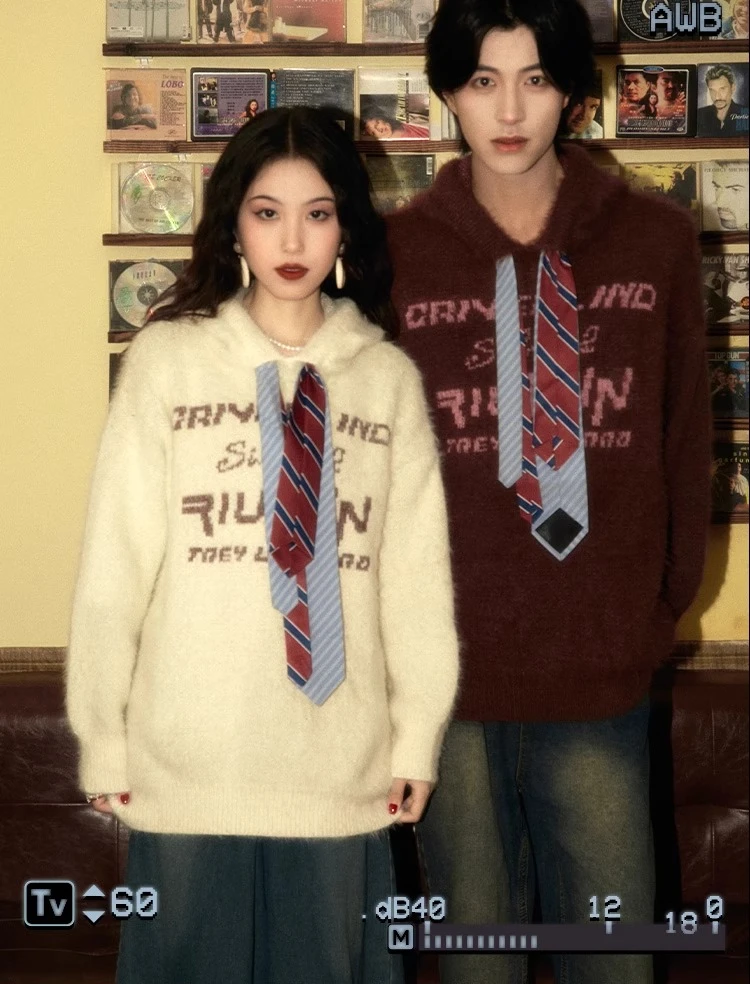 Autumn Winter New Retro Men's Letter Embroidery Tie Design Apricot Hooded Sweater Couple Loose Casual Coffee Knitted Sweater