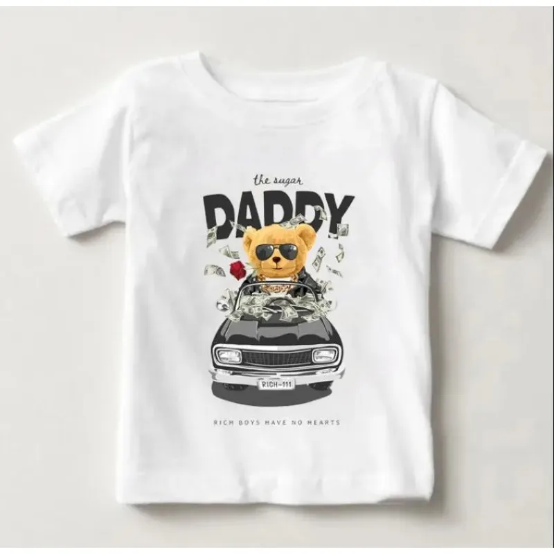 Camisetas blancas con estampado de oso y coche para niños y niñas, ropa divertida para bebés, Harajuku, Verano