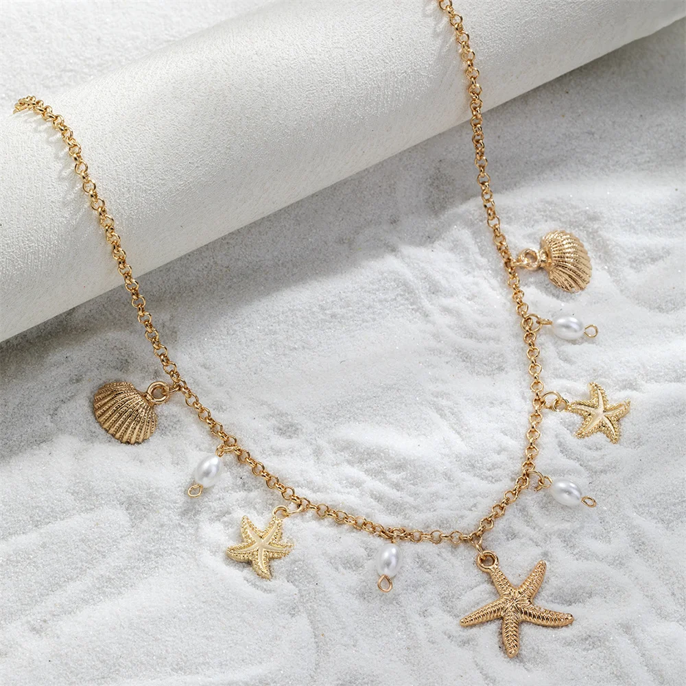 Holiday beach style starfish pendant shell imitation pearl tassel beach element alloy women's necklace