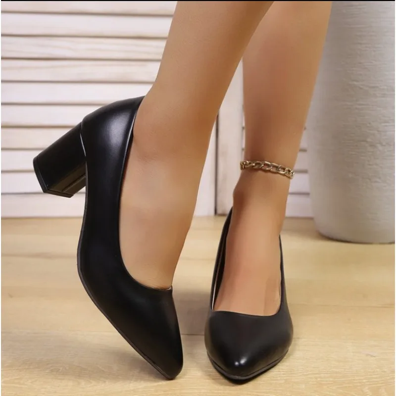 Women Genuine Leather High Thick Heel Shoes Pointed Toe Shallow Mouth Single Shoes Office Career Party Banquet Attendant Pumps