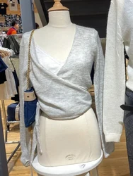 Gray Lace-up Knitted T-shirt Cardigan Autumn V-neck Cotton Casual Long Sleeve Smock Simple Sweet Wrap Solid Tee Crop Tops Y2k