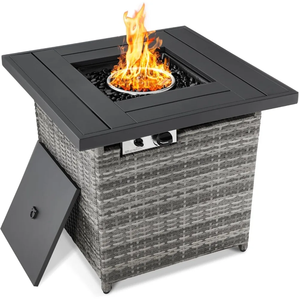 28-Inch Gas Fire Pit Table, 50,000 BTU Outdoor Wicker Patio Propane Fire Pit with False Wood Top, Clear Glass Rock