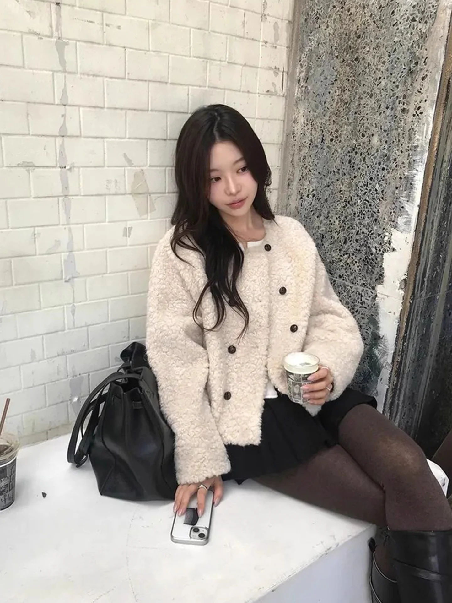 

Ladies' Double-Breasted Pure Color ort Lamb Fur Jaet Winter New Sle Loose Versatile Top Commute Sle Polyester Fiber