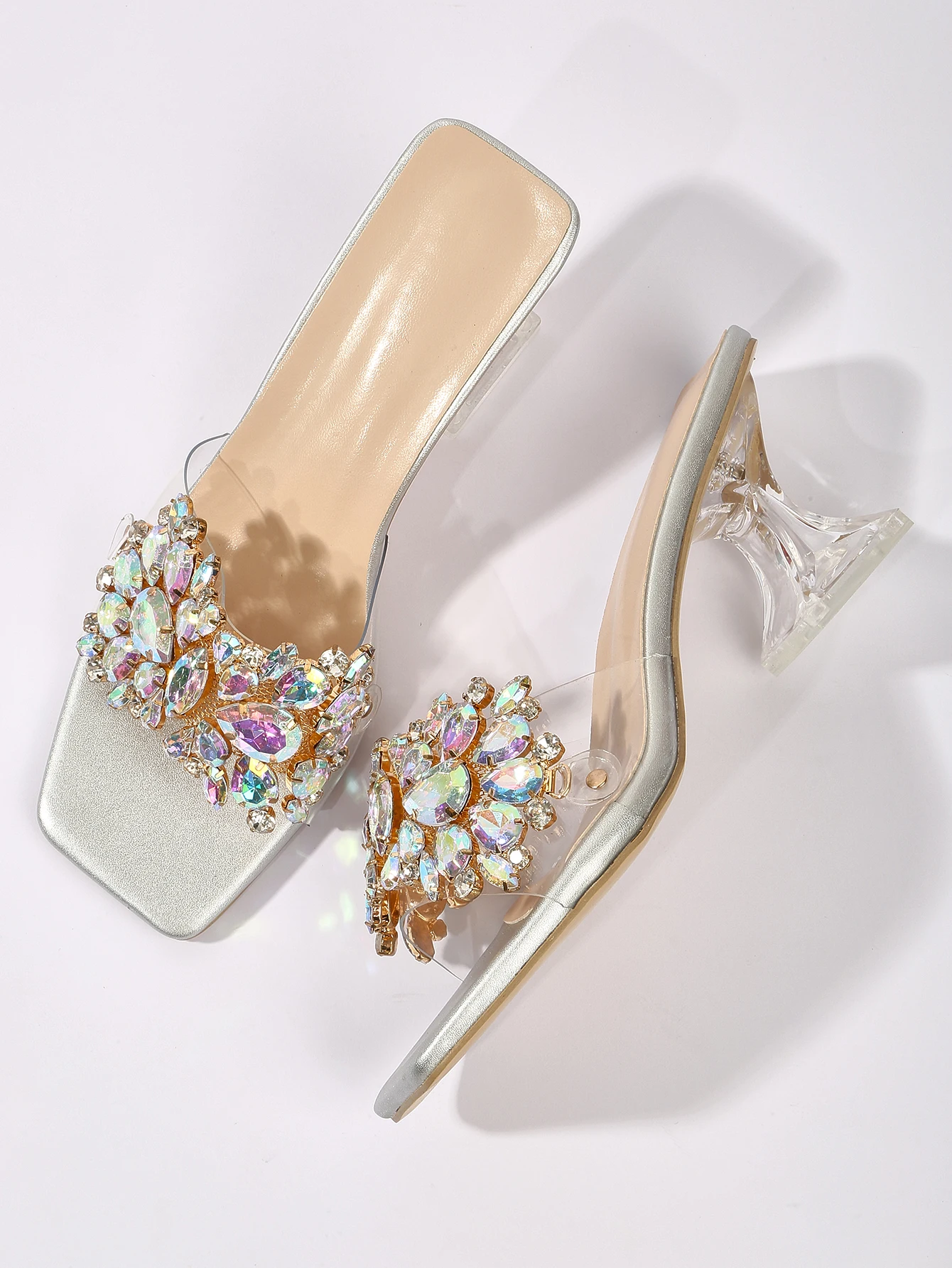 Bright Silver Summer Transparent Crystal Half Trailer High Heel Sandals with Thick Heels and Large Sized Outwear Fashion Sandals