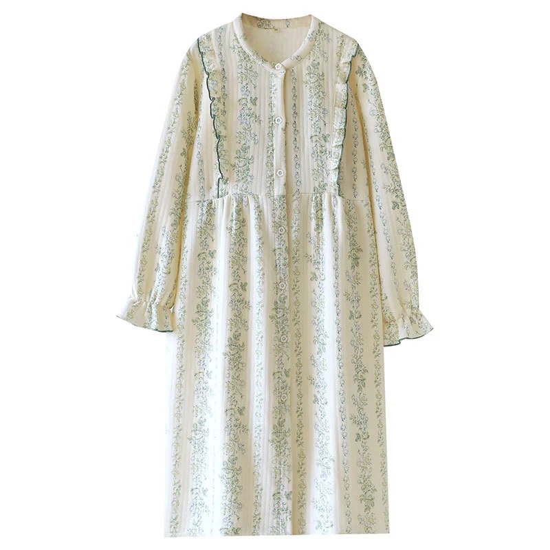 Elegant Soft Women Sleepwear Night Gown Cotton Long Sleeve Home Wear Print Green Pattern Home Clothes Daily Casual Nightwear