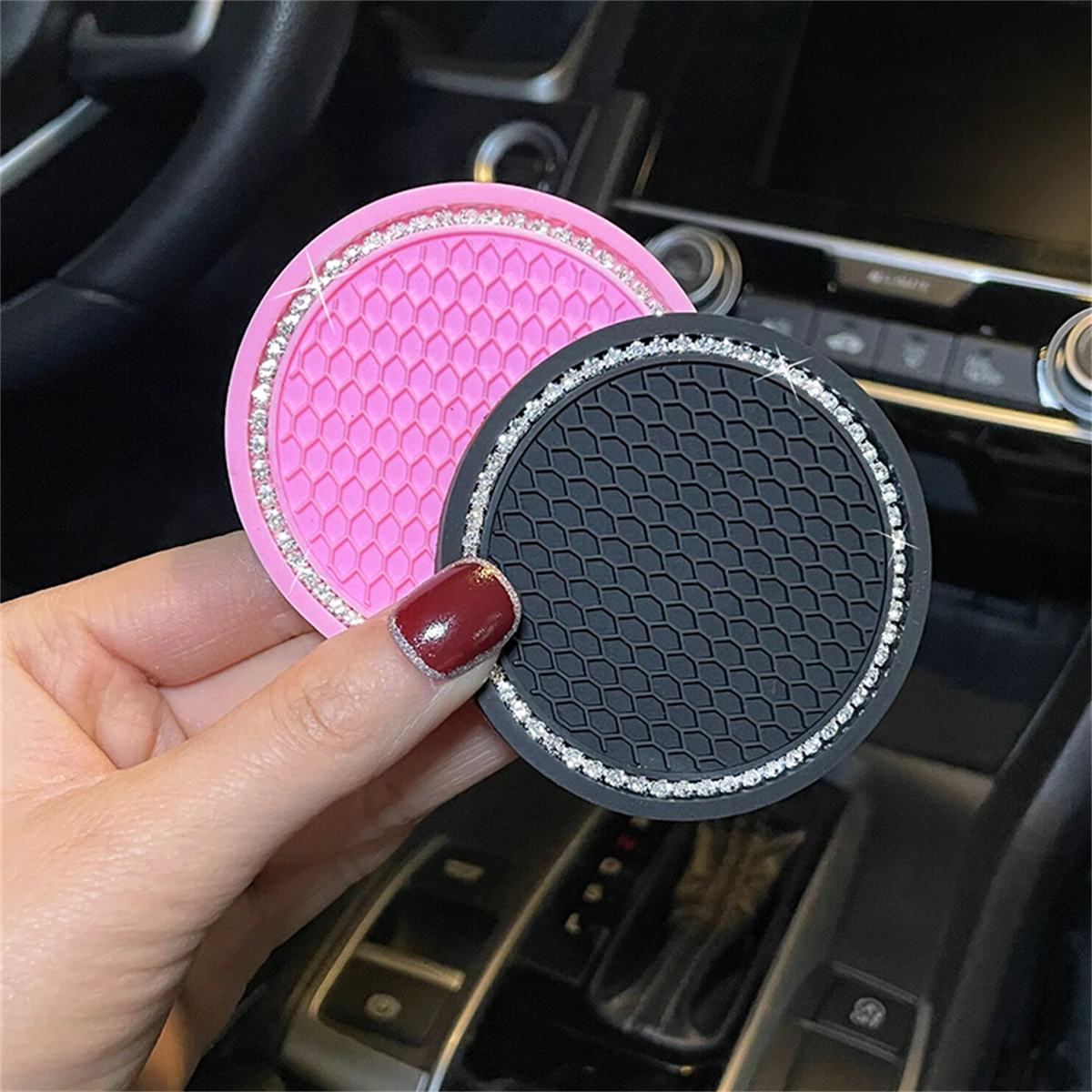 2pcs Round Grid Car Coasters Soft Rubber Artificial Diamond Non Slip Creative Cup Holder Coaster Car Accessories Easy To C image 6