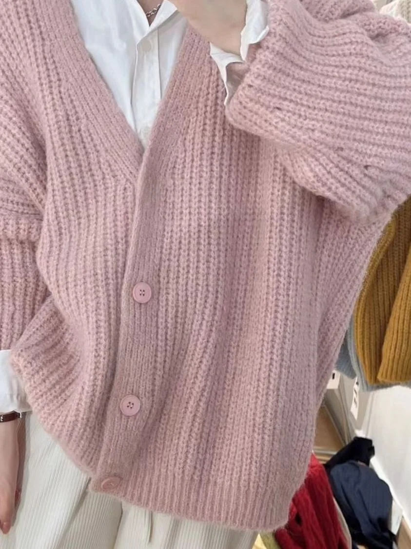 Weiche Reine Farbe Strickwaren Strickjacke frauen Lose Fit Herbst Winter Warme V-Ne Lange Sve Fufu Pullover Koreanische Sle top