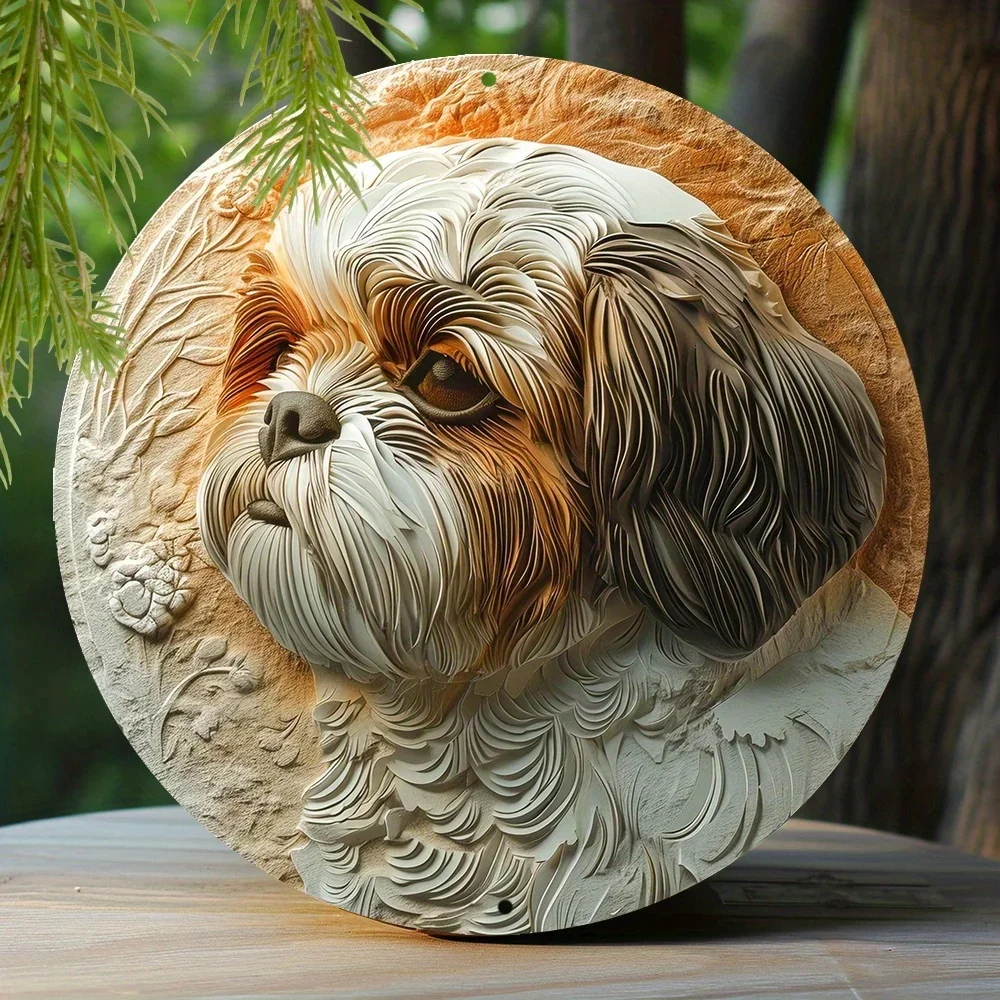 Aluminum Sign, Faux Embossing Painted Round Wreath Sign, Bedroom Decoration Father's Day Gifts Shih Tzu Themed Decoration retro