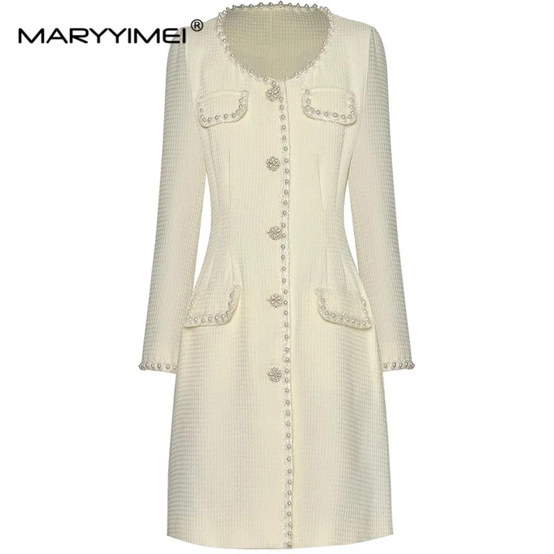 

MARYYIMEI New Fashion Women's Round Neck Long Sleeve Nail Beads Single Breasted Tweed Jacket British Style Dress