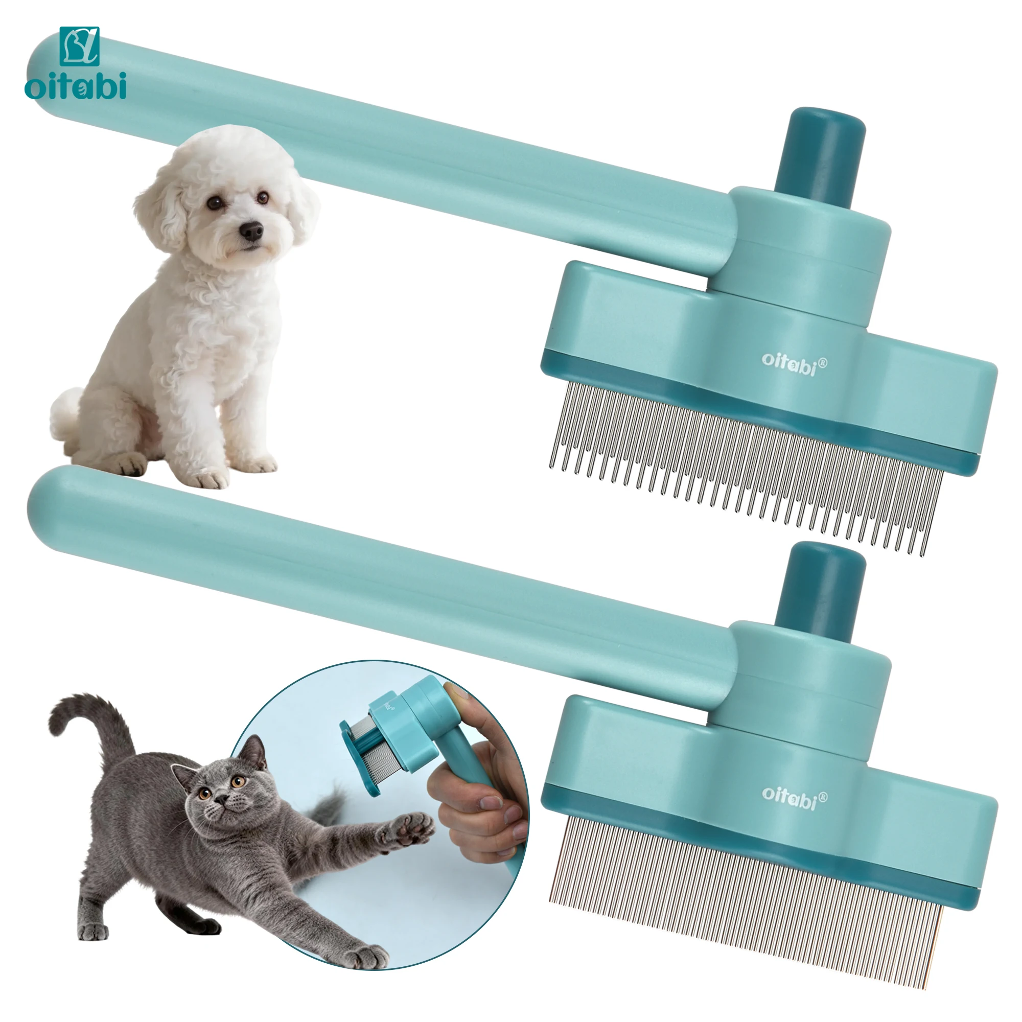 OITABI Pet Hair Removal Comb Flea Comb Cat Dog Lice Comb Grooming Comb with Rotatable & Release Button for Shedding & Deshedding
