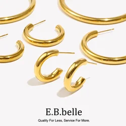 E.B.belle Hypoallergenic Tarnish Free Stainless Steel Hollow Tube Large Medium Small Size Gold Plated Hoop Earrings For Women