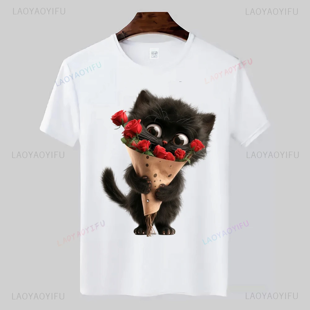 Funny black cat Men's and women's short sleeve printed T-shirt Casual cartoon streetwear new arrival  clothes for women