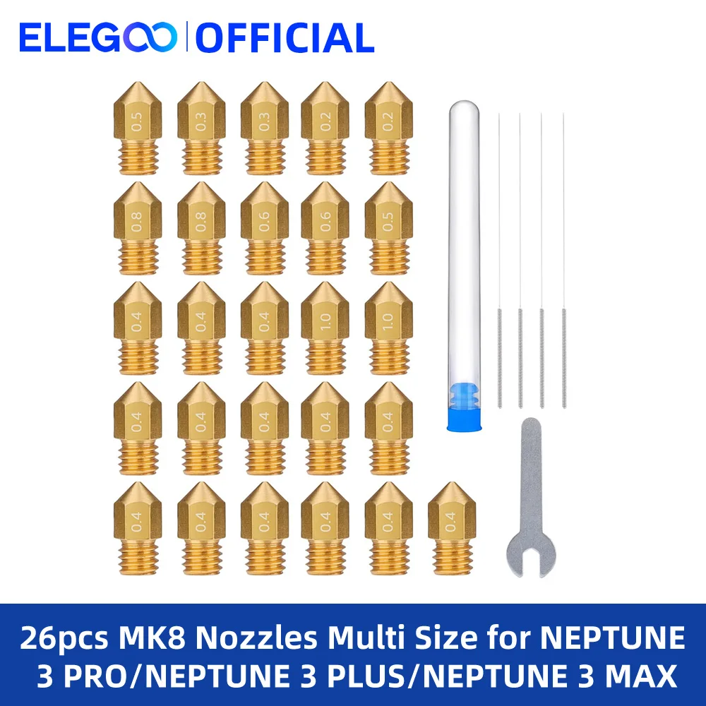 ELEGOO 26pcs MK8 Nozzles Multi Size, 3D Printer Brass Hotend Nozzles 0.2mm/0.3mm/0.4mm/0.5mm/0.6mm/0.8mm/1.0mm with DIY Tools