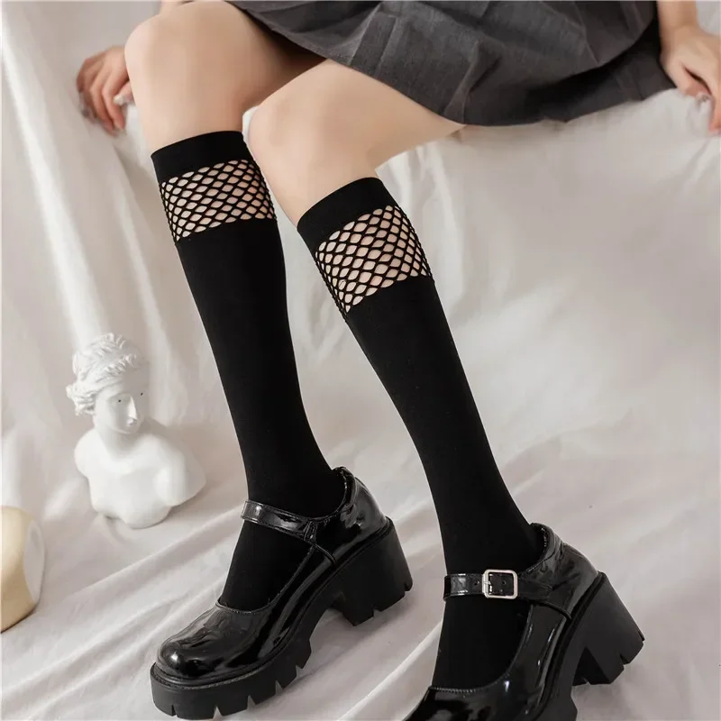 Fashion Women Sexy Knee High Socks Mesh Stockings Fishnet Cute College Style JK Girls Lolita Student Black Gothic Long Socks