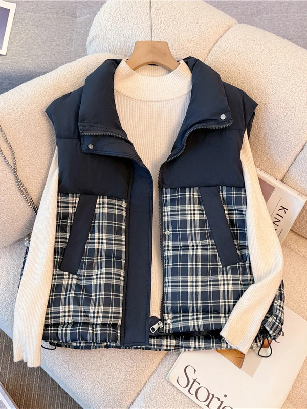 

Модный женский джинсовый жилет больших размеров в клетку с пэчворком, осенне-зимний, для многослойных образов, синий, на молнии, для повседневной носки
