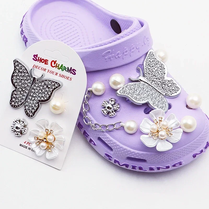 Bling Shoe Charms Set With Rhinestone Butterfly And Pearl Flower, DIY Decoration Accessories For Clogs, Crocs And Sandals