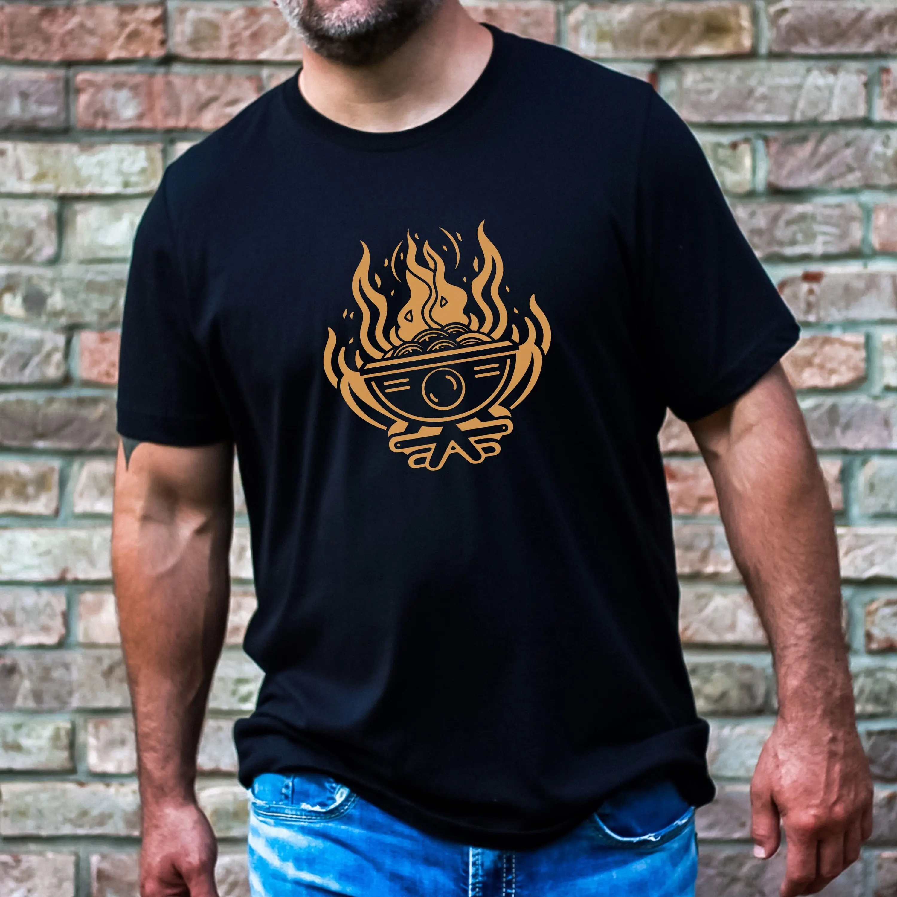 Fiery Noodle Bowl T Shirt Hot Pot Smoky Flaming Golden Cookfire Fire Pit Griddle Hibachi