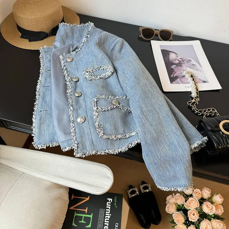 Denim Jacket Button Pocket O-Neck Contrast Color Stitching French Blue Women'S 2024 Spring Chic Women'S Loose Jacket