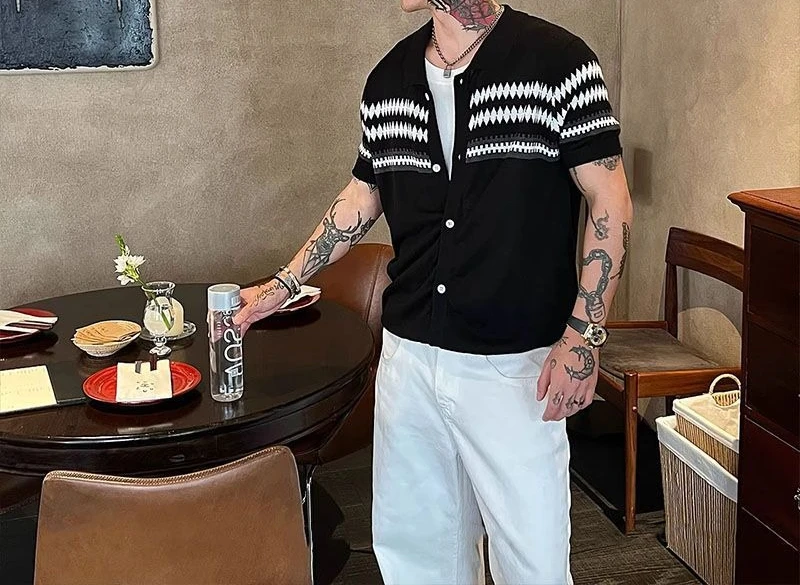 

New Retro Contrasting Color Lapel Button Versatile Knitted Shirt Short Sleeved Cardigan Men's Summer Jacket