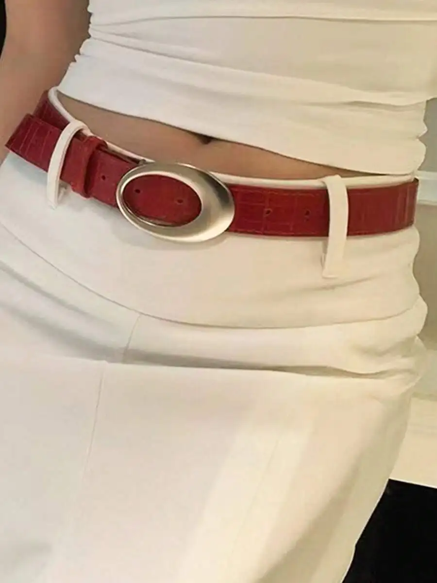 American Vintage Y2K Style Women's Belt, 2024 New Red Crocodile Pattern Leather Belt, Simple And High-End Accessory Summer,