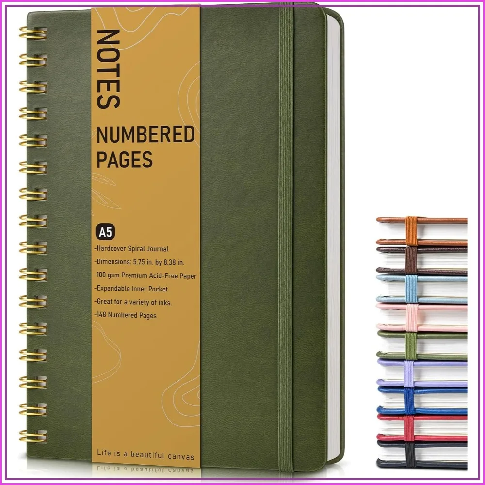 A5 Hardcover Spiral Notebook, 150 Numbered Pages, 100 GSM Lined Journal for Work & School, Olive Green