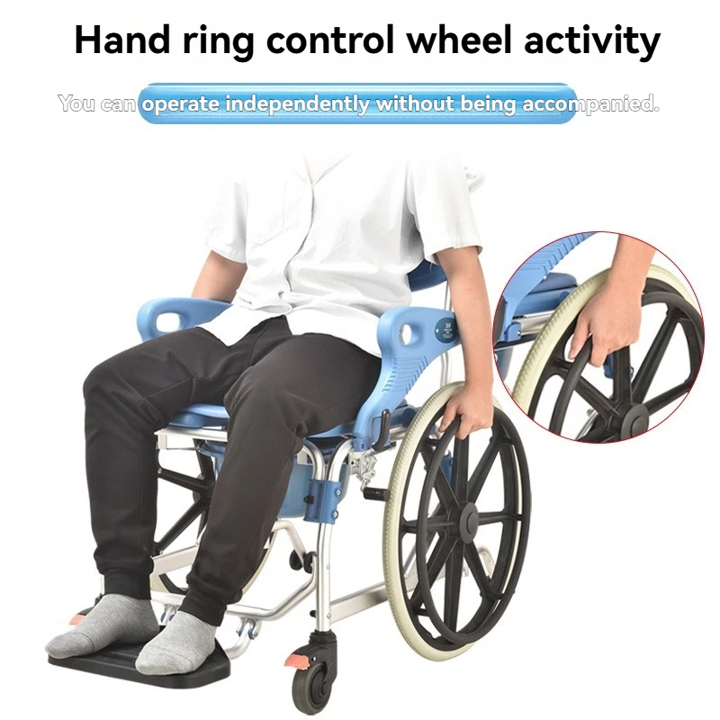 كرسي حمام بعجلات مع مسند للذراعين مقعد دش متنقل داخلي لكبار السن معدات سلامة الحمام شلل نصفي #4