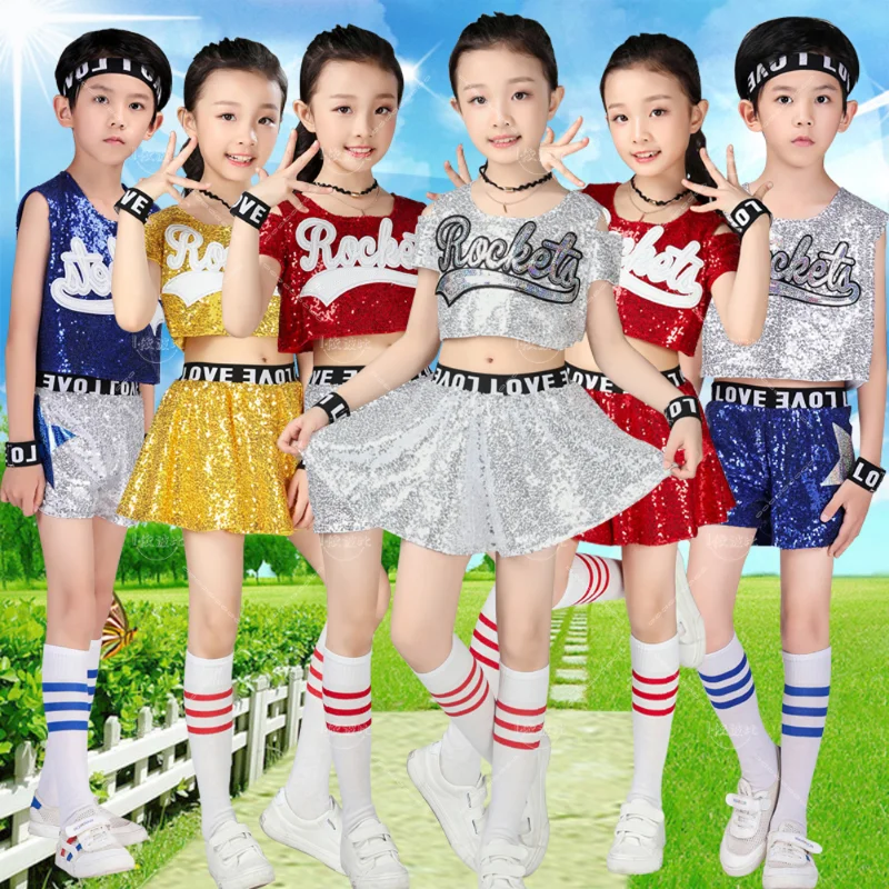 Roupa Uniformes de Lantejoula Infantil, Roupas de Cheerleader, Top Crop, Saia e Shorts, Street Dance, Trajes de Jazz para Meninas e Meninos, 5PCs