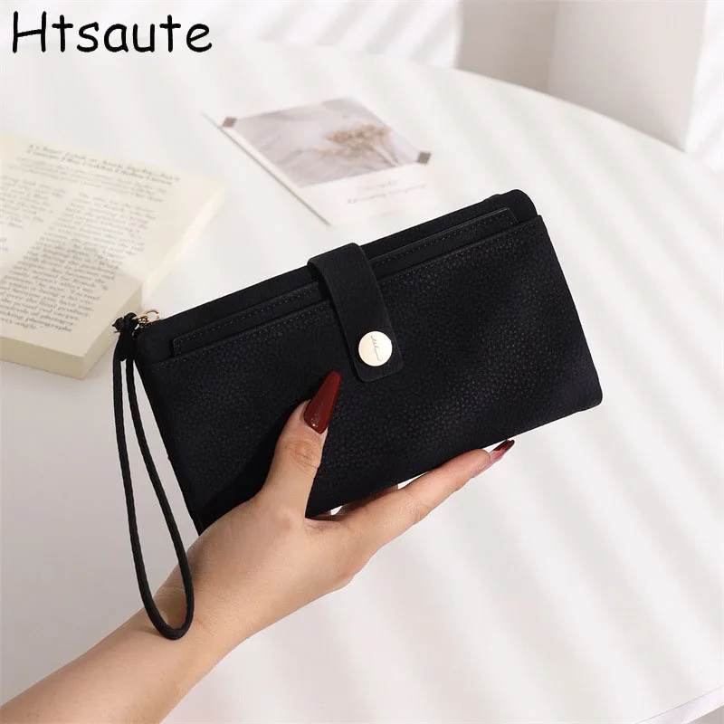 PU Leather Solid Color Wallet Long Hasps Large Capacity Wallets Bifold Fold-over Purse For Women Wallet With ID Window Holder