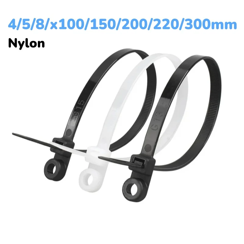Schwarz/Weiße Nylon-Kabelbinder mit Schraubmontageloch Selbstverriegelnde Schlaufenbänder zur Kabelbündelung Fixierte Kabelbinder Drahtbefestigungsriemen